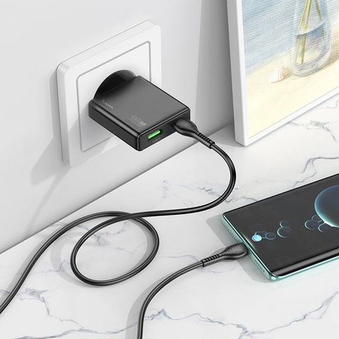 Сетевое зарядное устройство Hoco N38, 20 Вт, Quick Charge, Power Delivery (PD), черный, 2 порта, #6942007610100 Превью 3